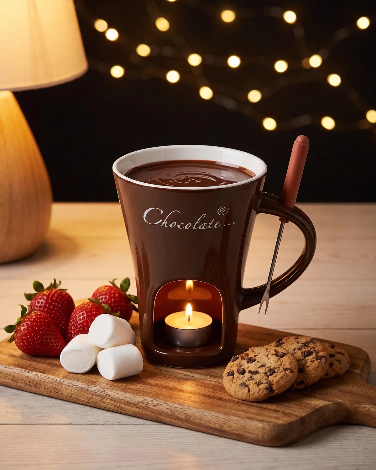 Brown mug of molten chocolate on a wooden board with strawberries, marshmallows and cookies, fairy lights out of focus behind.