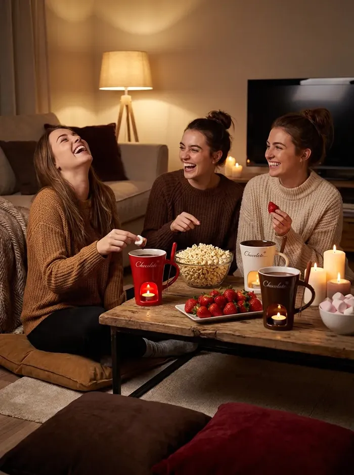 Four lit mugs in different colours on a coffee table, friends around it, a film on the screen behind.