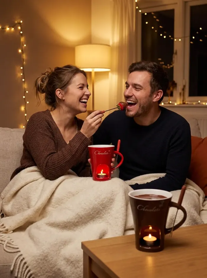 A couple on the sofa at night, one brown mug lit between them, a strawberry on the fork.